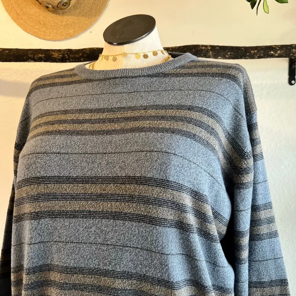 Vintage 90s Blue Knit Oversized Striped Crewneck Pullover Sweater Size XL